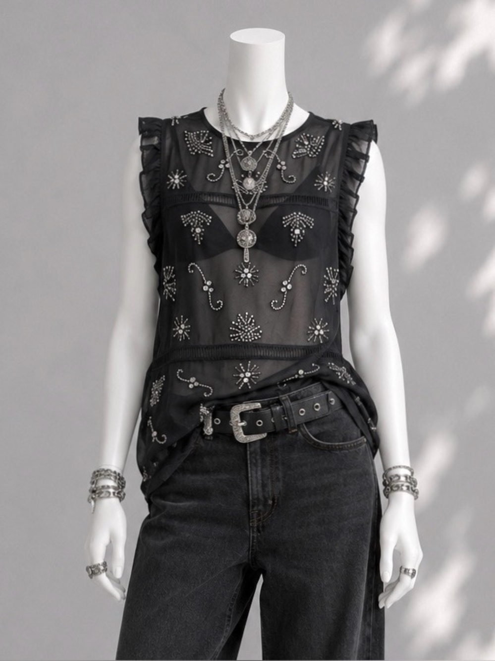 Desigual Hartig Top Black Sheer Rhinestone Blouse L Whimsigoth Fairycore